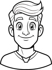 Obraz premium Close-up black and white line art portrait shows a smiling young man with stylish swept-back hair in a simple outline drawing.