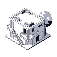Fototapeta premium Isometric illustration of a modern two-story house with a tree.