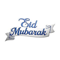 Festive Eid Mubarak shiny blue lettering on white scroll banner design element transparent background png