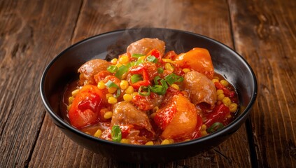 Fototapeta premium Cuttlefish sautéed with red peppers, corn, and green onions in spicy sauce, presented in a black bowl on a wooden table