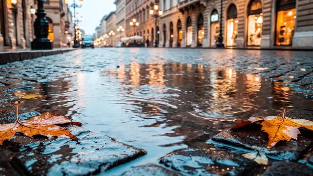 Raindrops create ripples in puddles on a wet cobblestone street at dusk.