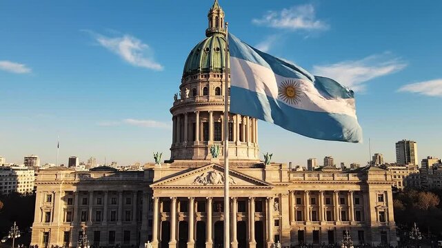 National flag waving in front of a historic government building with columns and a large dome on a sunny day