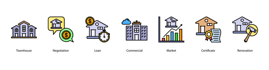 Real Estate Transactions web banner icon vector illustration featuring Townhouse, Negotiation, Loan, Commercial, Market, Certificate, and Renovation. © Dewi Sari