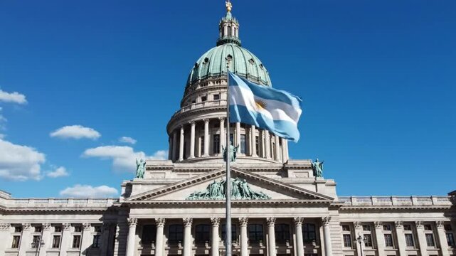 Government building with a large dome and columns stands proudly with flags waving in the wind on a clear day