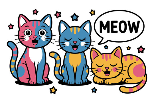 A colorful cartoon illustration of three happy cats with speech bubble