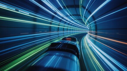 Fototapeta premium High-speed train zooms through futuristic tunnel with vibrant light trails