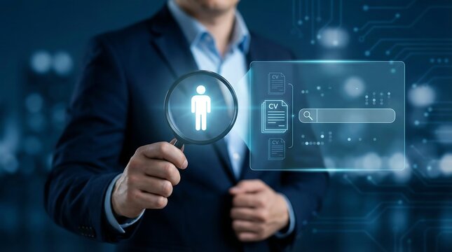 A businessman holds a magnifying glass with a glowing human icon, symbolizing comprehensive resume review, candidate sourcing, and effective talent acquisition strategies for companies.