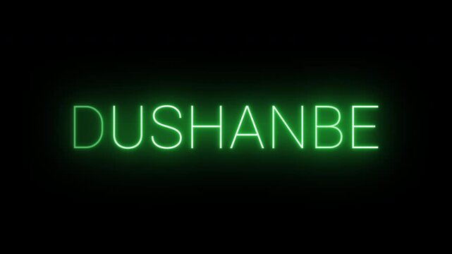 Flickering neon green glowing dushanbe sign animated on black background.