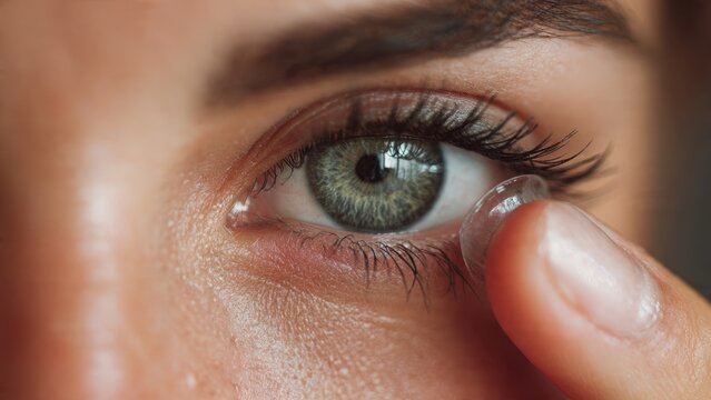 Close-up of a person inserting a contact lens into their eye