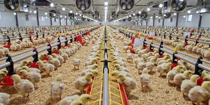 Industrial poultry farm with thousands of yellow baby chickens feeding from automated supply lines in modern facility