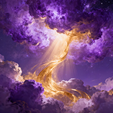 Abstract golden energy flowing through purple nebula clouds.