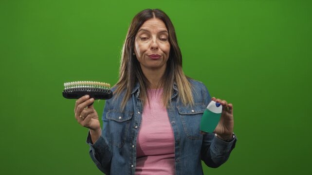 Woman holding whitening scale and toothpaste, lips pursed while comparing products in studio on green screen set; doubt.