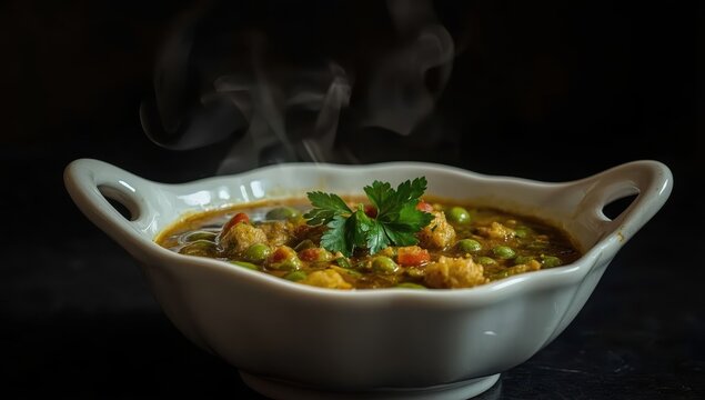 Green Peas curry Matar masala served in a bowl over moody background