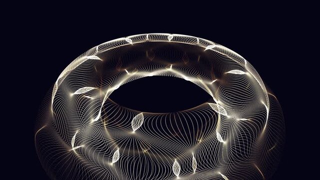 Seamless 4K UHD abstract mathematical animation featuring a golden glowing torus energy field expanding in slow harmonic breathing rhythms, perfect for ambient yoga backgrounds and 528hz meditation.