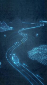 Holographic Delivery Truck Animation on Winding Desert Road with Cacti and Mountains Mexico Route