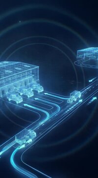 Holographic Logistics Distribution Network Animation with Warehouses and Delivery Trucks on Highway