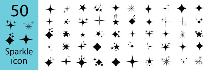 Set of 50  black  Sparkles  icon . Star icons. Twinkling stars. Sparkles, shining burst. sparkle star set. sparkle icons collection. collection of star icons in vector, shining icons, shiny, sparkling ©  