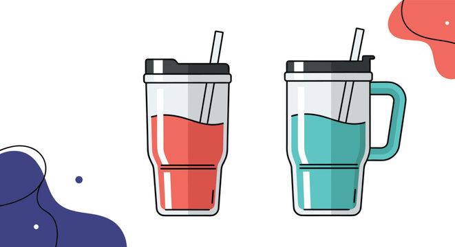 Product illustration shows two modern tumblers with straws, one filled with red liquid and one with teal, on an abstract graphic background.