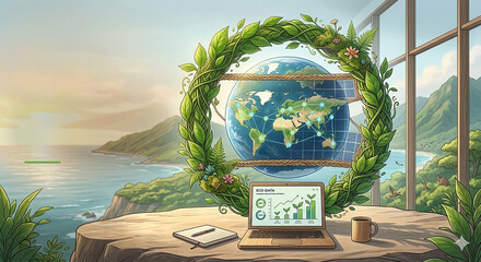 Sustainable business and global environmental data concept with earth, green technology and ESG illustration、サステナブルビジネスと地球環境データを表すコンセプトイラスト　ESGとグリーンテクノロジー