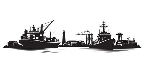 Obraz premium Seaport Skyline Silhouette, Silhouette Vector, Isolated on White Background