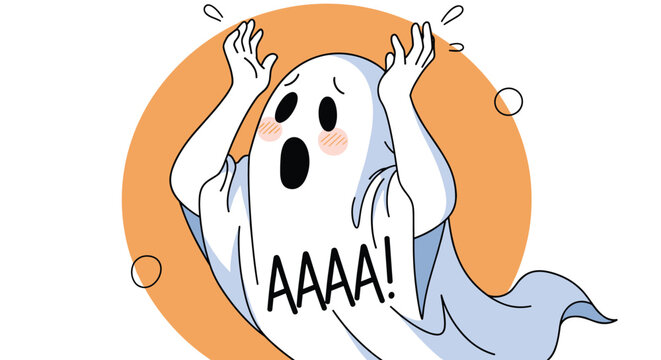 Terrified cartoon ghost character screaming with hands on head and text AAAA against a circular orange background for Halloween.