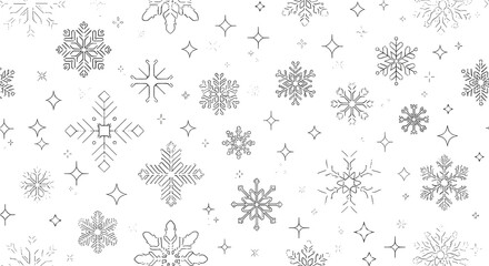 Elegant pattern of various white snowflake shapes and designs on a white background perfect for winter and holiday theme designs.