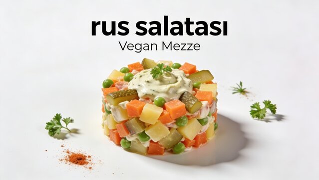 Isolated rus salatası appetizer on white background. Nutritious vegan dish