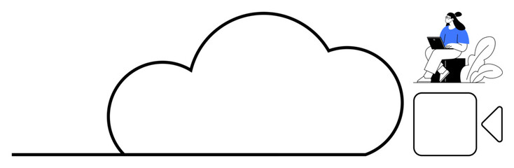 Obraz premium Cloud computing concept. Cloud design with a female character using a laptop signifies technology connection, cloud services, and remote work. For tech, connectivity, and digital services