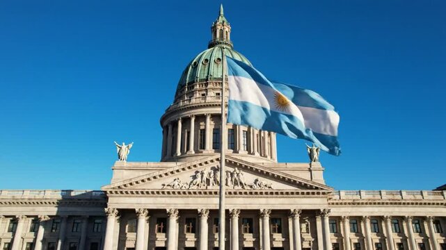 National Congress Building in Buenos Aires with flags waving in the wind on a clear day