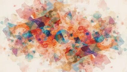 Fototapeta premium Layered geometric shapes—triangles, circles, squares—in different colors; watercolor and 3D effect