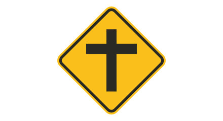 Obraz premium A yellow diamond-shaped road sign with a black cross symbol on a plain white background, viewed directly from the front