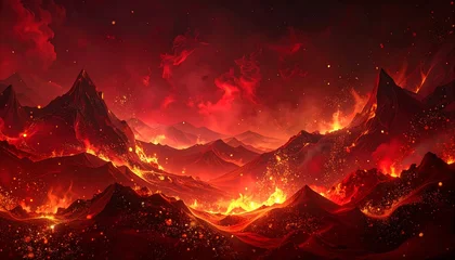 Keuken achterwand Bordeaux A fiery landscape with burning mountains and a dark sky  © Rejeki