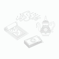Ramadan Kareem Prayer Mat Teapot Dates Arabic Calligraphy Line Art Vector