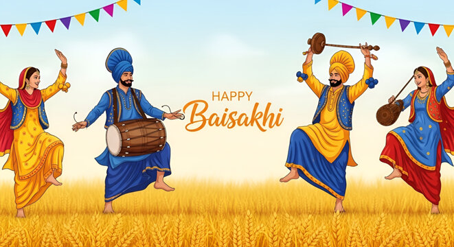 Punjabi bhangra dancers celebrating happy baisakhi in golden wheat harvest field with traditional dhol music colorful festival flags and vibrant punjab culture vector art