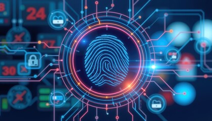 Obraz premium Digital fingerprint scan representing cybersecurity and data protection technology.