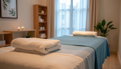 Fototapeta premium Cozy massage room with a massage table, folded towels, soft lighting, and calming decor.