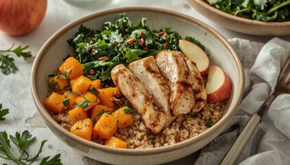 Fototapeta premium Nutritious bowl featuring grilled chicken, quinoa, butternut squash, kale, and apple