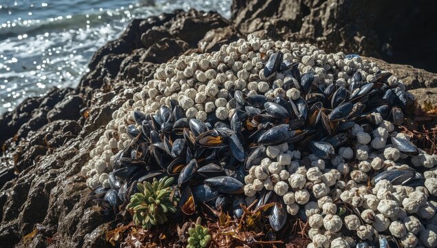 Northern bay mussels and barnacles: anchored to coastal rocks by byssal threads