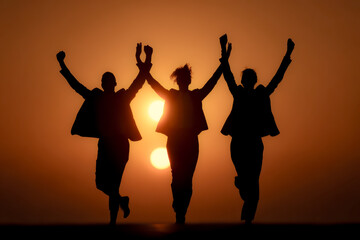 Fototapeta premium Joyful silhouettes dancing freely beneath a vivid setting sun.