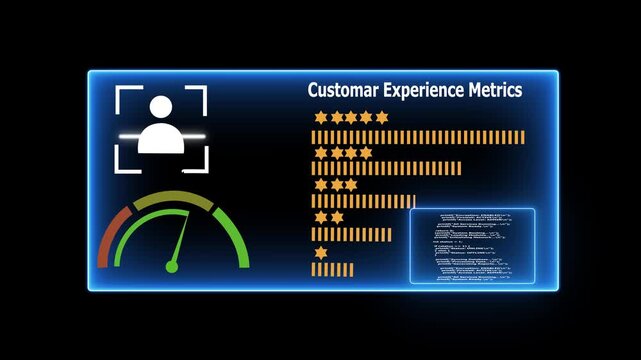 Customer Experience Metrics Dashboard Featuring a User Gauge Star Ratings and Bar Graphs on a Glowing Blue 4k background animation