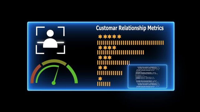 Digital dashboard displaying customer relationship metrics with star ratings gauge and bar charts on a dark background Keywords: dashboard, customer relationship metrics, 4k background animation