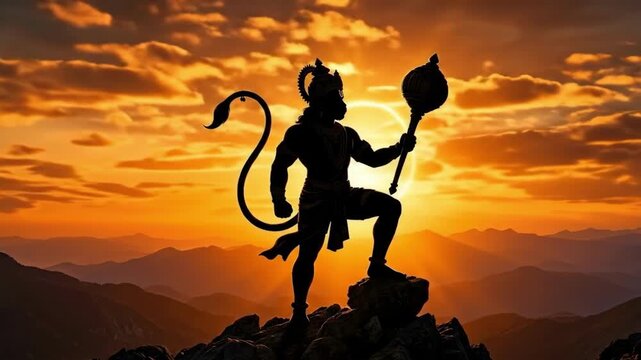 Powerful silhouette of lord hanuman with gada, standing on a mountain peak at golden sunset for hanuman jayanti.