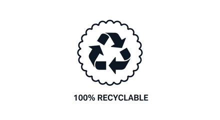 Simple one hundred percent recyclable badge with a circular wavy frame and recycling symbol for packaging.
