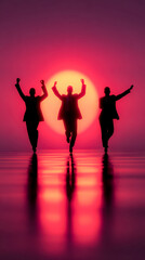 Fototapeta premium Joyful silhouettes dancing freely beneath a vivid setting sun.