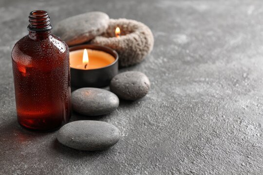A serene and inviting still life arrangement captures the essence of relaxation and self-care. A cool, dark amber glass bottle, adorned with refreshing condensation droplets, stands prominently, sugge
