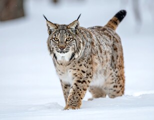 Obraz premium A majestic lynx strides purposefully across a snow-covered landscape