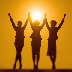 Fototapeta premium Joyful silhouettes dancing freely beneath a vivid setting sun.