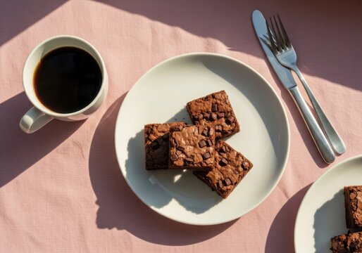 Delicious brownies on a plate with coffee on a pink tablecloth setting
