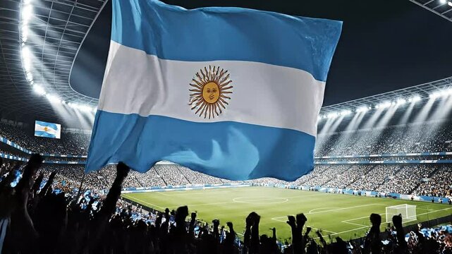 A waving Argentine flag is proudly held high above a packed stadium filled with enthusiastic spectators