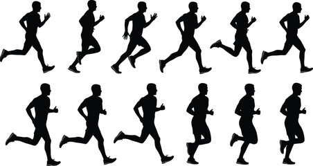 Running motion silhouettes, twelve dynamic poses of athlete sprinting sequence, vector illustration for sports science, biomechanics, animation, fitness training design